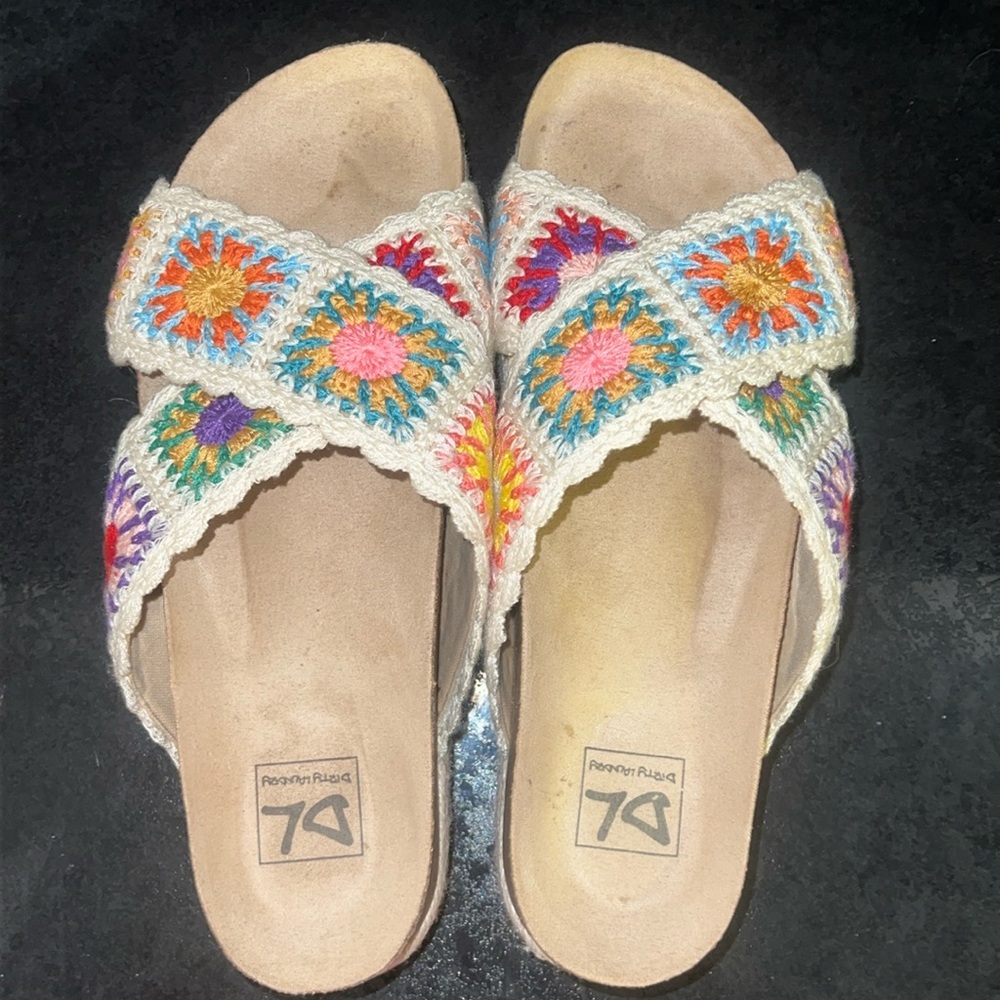 Crochet sun flower square pattern platform slide sandals